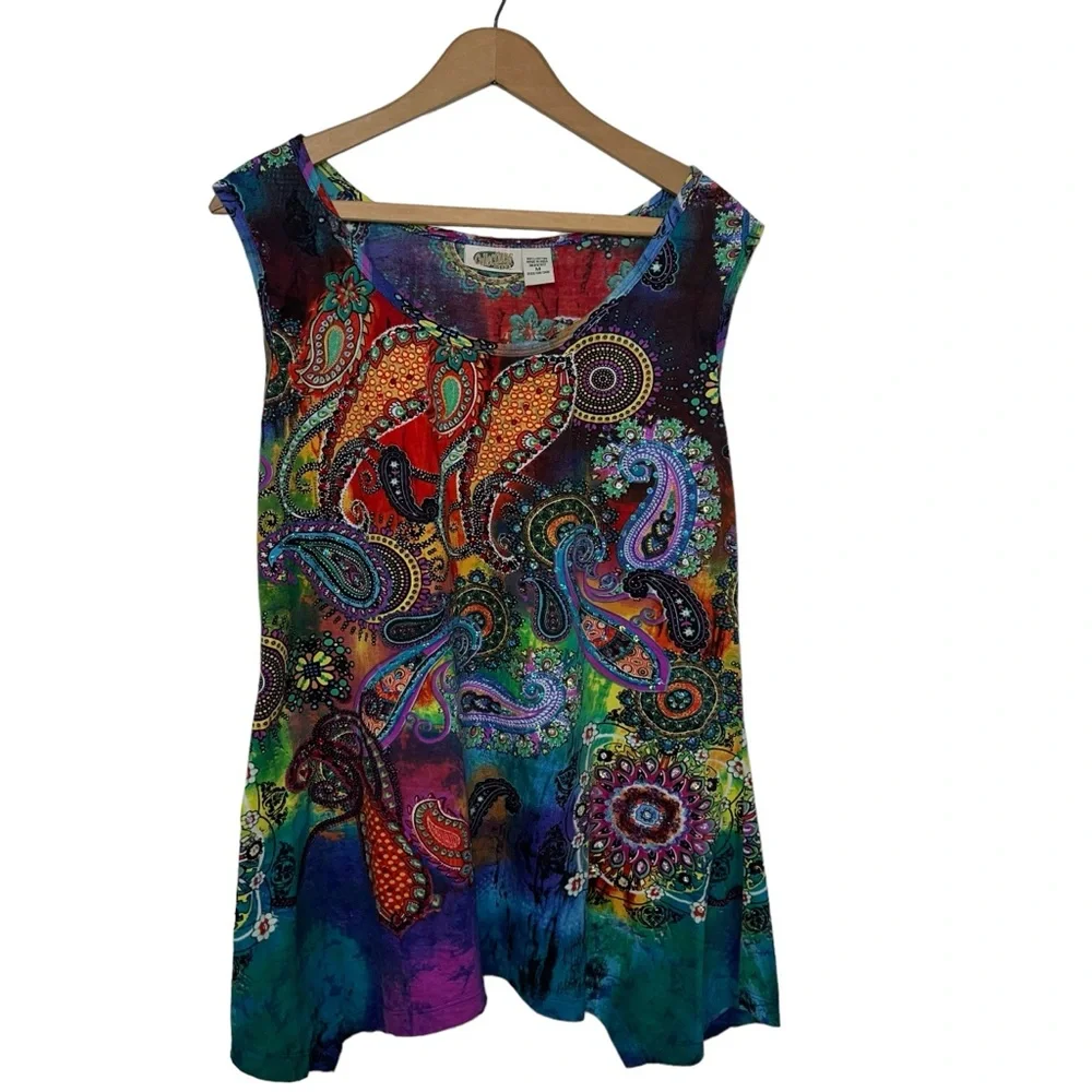 Vintage Y2K Collections Etc Colorful Sleeveless Paisley Sharkbite Boho Tunic Top - Picture 3 of 12